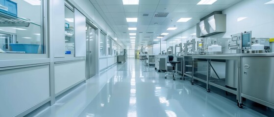Naklejka premium Bright and clean vaccine production facility, sleek design, advanced machinery, sterile lab environment
