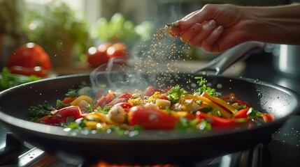 Closeup of hands sprinkling black pepper into the pan with vegetables