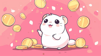 Cute cartoon hamster surrounded by falling gold coins on a pink background. Digital illustration for poster, banner and print.