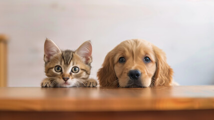 Best Friends Forever: Adorable Kitten and Golden Retriever Puppy Peeking Over Table Edge - Isolated Clear Background