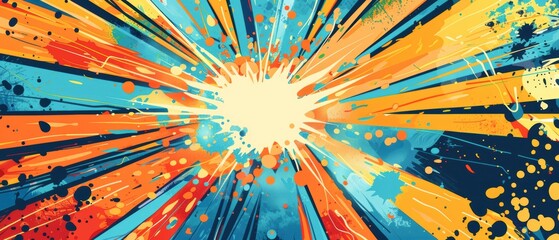 Colorful comic book-style explosion with intricate abstract background, vibrant blue and orange hues, dynamic energy burst and detailed patterns