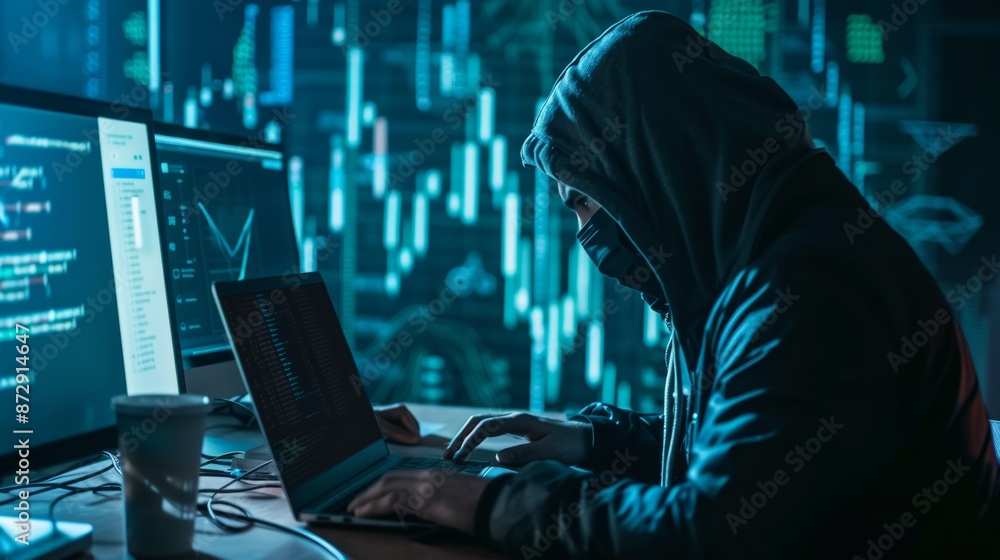 Poster financial data breach on computer screen, cyber fraud representation