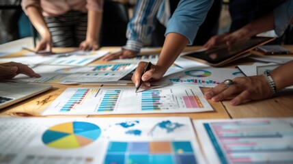 Fototapeta premium Diverse team brainstorming over budget charts, analysis, business strategy