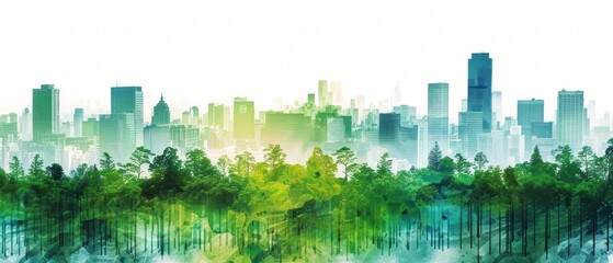 Fototapeta premium Double exposure silhouette of city view with green rooftops and buildings, sustainable urban living, vibrant palette