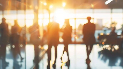 Blurred image of business professionals standing and engaging in discussions in a modern office environment with bright natural lighting - ideal for corporate backgrounds, team collaboration concepts,