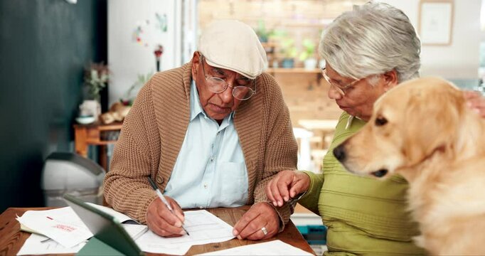 Elderly couple, budget and writing life insurance contract with banking checklist, statement and bills. Retirement fund, senior people and planning in home for will paperwork or financial documents