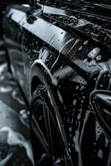 Black car exterior covered in soap suds after wash on wet surface. Close-up shot of vehicle body and wheels with foamy cleaning agent. Dark background provides clear view of car details.