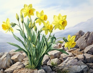 Yellow flowers digital painting, spring daffodils illustration
