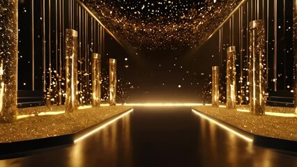  3D Award party stage golden stage glitter animation. stars, lights and particles. Luxury gold light streak. Particle, luxury awards ceremony background, Oscar awards performance. 3D Illustration
