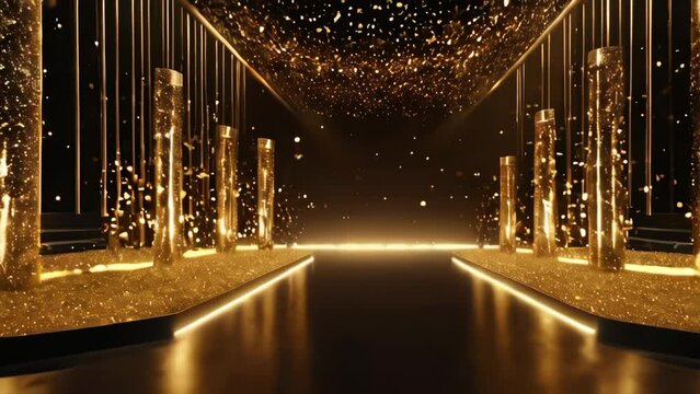  3D Award party stage golden stage glitter animation. stars, lights and particles. Luxury gold light streak. Particle, luxury awards ceremony background, Oscar awards performance. 3D Illustration