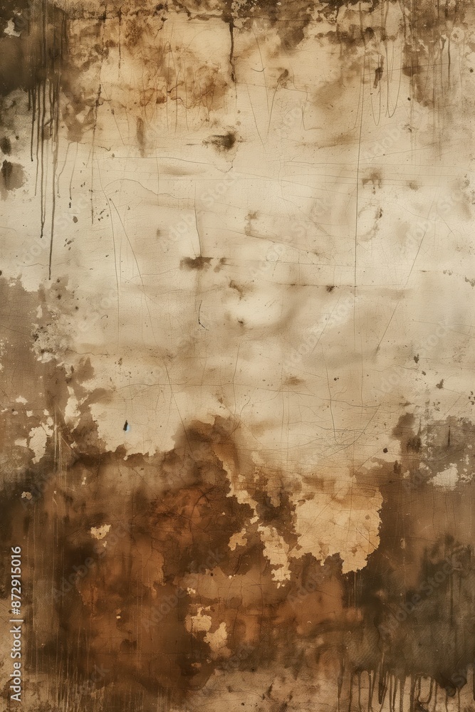 Aufkleber Distressed paper texture with stains and splatters on beige background. Close-up view of rough, complex surface. Ideal for design, art, or tech projects needing unique, abstract background.