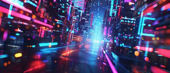 Obraz premium Futuristic holographic navigation system, navigating through dense cityscape, glowing neon lights, advanced tech