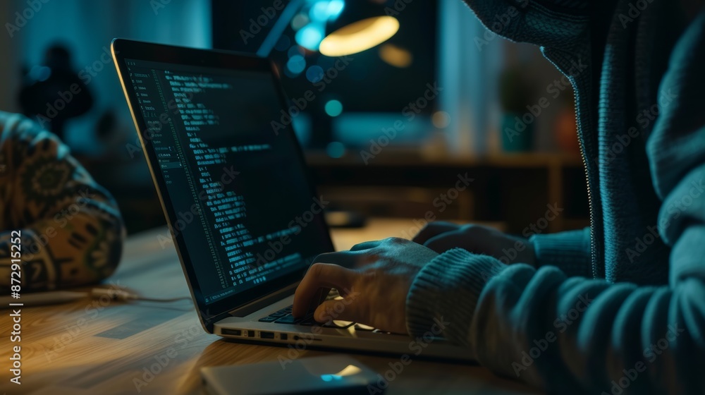 Poster Hacker in dark room typing on laptop with code on screen, cybercrime concept