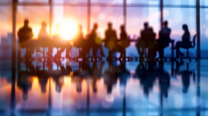 Blurred office meeting background with group of business people engaged in boardroom discussion, executive seminar, or professional training in modern enterprise setting