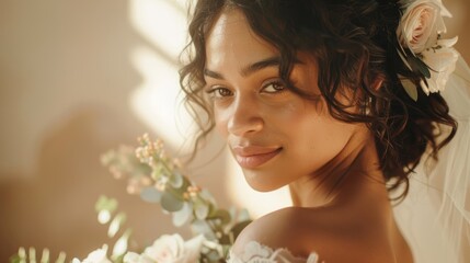 Naklejka premium Gorgeous Indigenous bride with soft curls, light background, tulle wedding dress, elegant look, medium shot