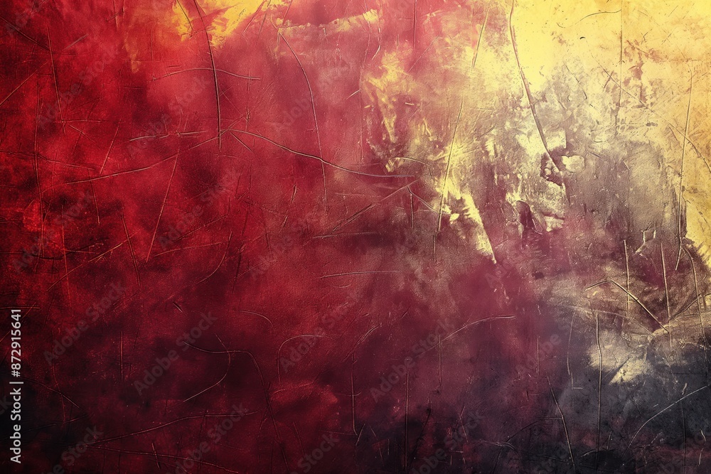 Poster distressed red wall texture with yellow and black hues. close-up view of rough surface with cracks a