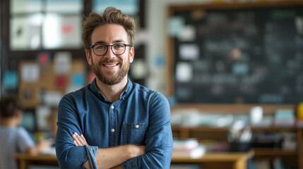 Obraz premium Smiling male teacher with glasses and arms crossed in classroom, students working in background, cheerful and confident educator, modern learning environment 