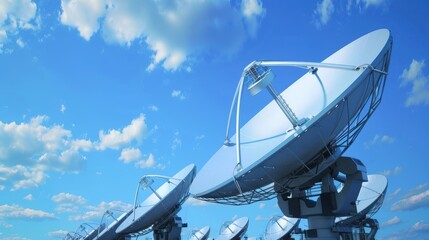 Network of satellite dishes, global broadcasting, advanced communication technology, seamless global coverage