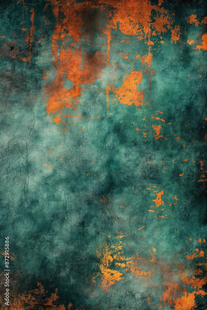Poster abstract grunge painting with teal, orange colors. vibrant artwork features textured brushstrokes an