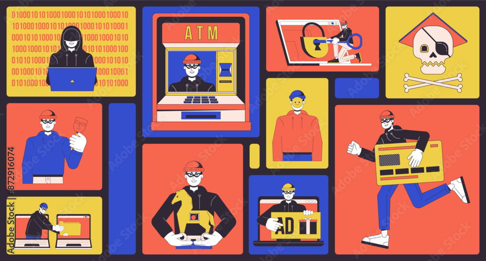 Aufkleber cyber crimes bento grid illustration set. cyberattacks 2d vector image collage design graphics colle