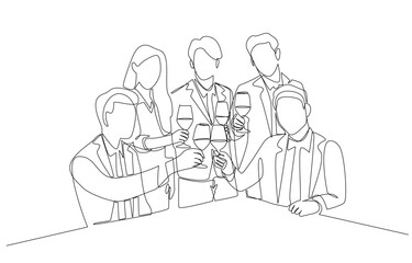 Continuous one line drawing of business people clinking wine glasses to celebrate completion work, business team celebration concept, single line art.