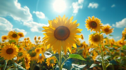 Obraz premium Sunflower field with a blue sky and the sun shining