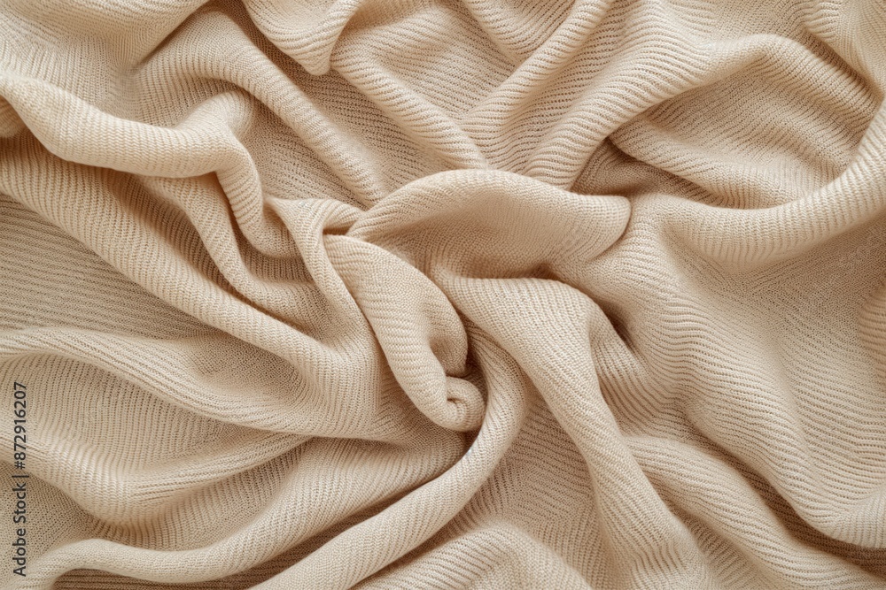 Poster Beige fabric texture pattern close-up view with crumpled folds and creases. Fabric folded in layers to create depth and dimension. Blurred background highlights intricate details of beige cloth.