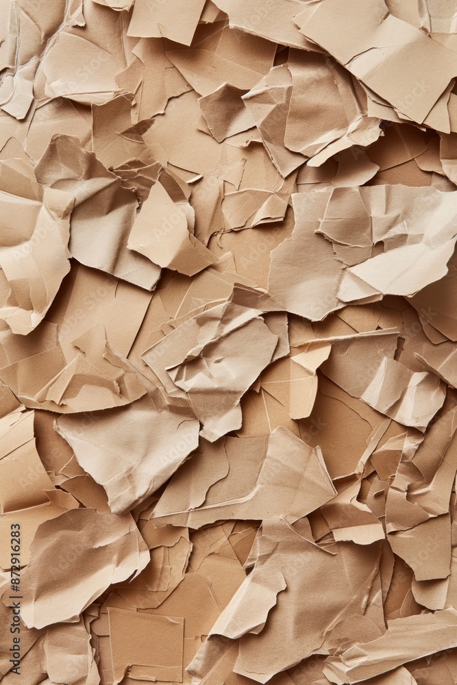 Aufkleber Brown paper scraps scattered on beige surface. Crumpled paper pile with varied shades from light to dark. No text or objects visible. Randomly arranged pieces create disarrayed texture.