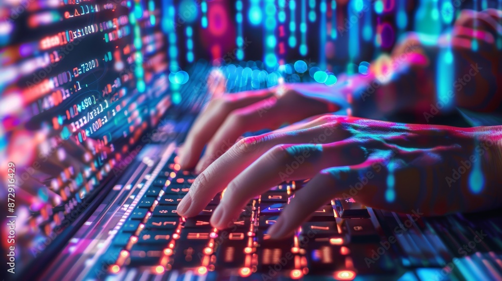 Poster Hands typing on a keyboard with binary code overlay
