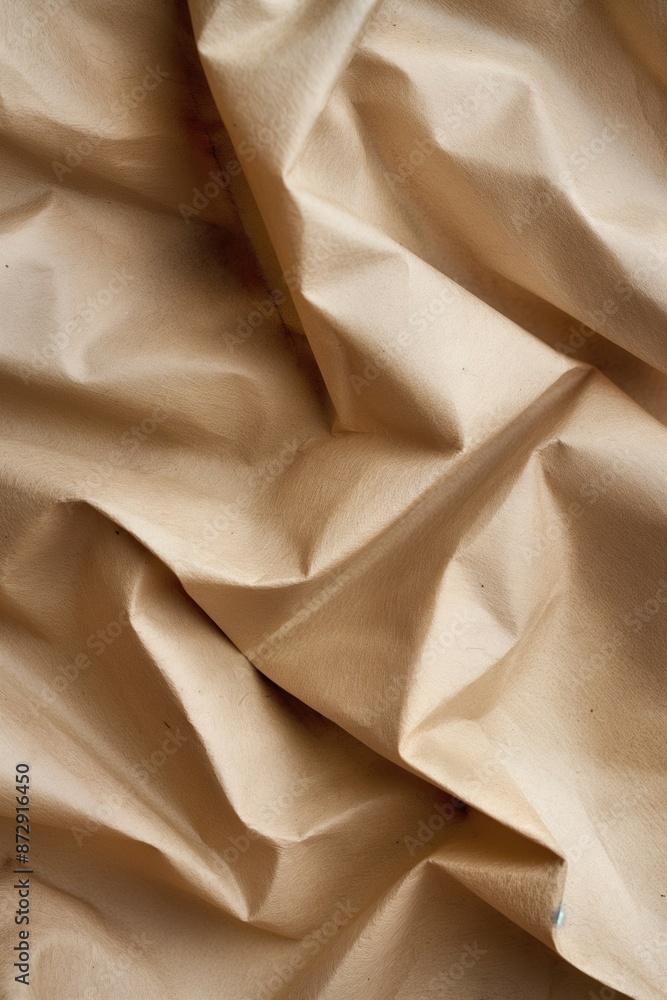 Aufkleber Crumpled beige fabric with rough texture and slight sheen. Fabric folds create sense of depth and movement. Blurred background emphasizes texture and form. For eco-friendly, craft, design projects.