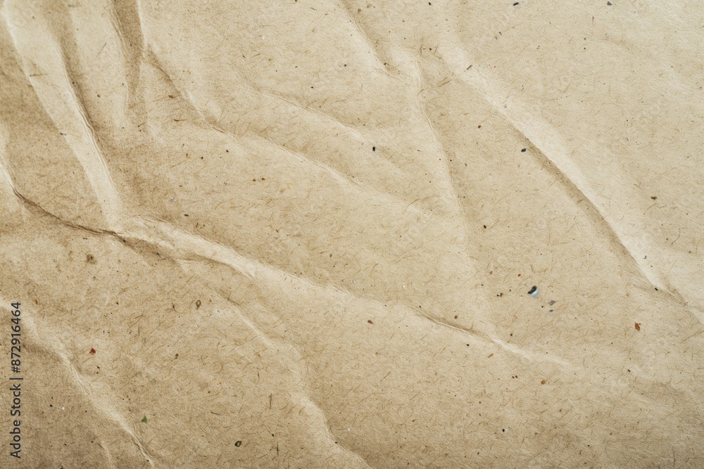 Poster brown paper surface texture close-up. crumpled beige craft paper with folded crease and scattered co