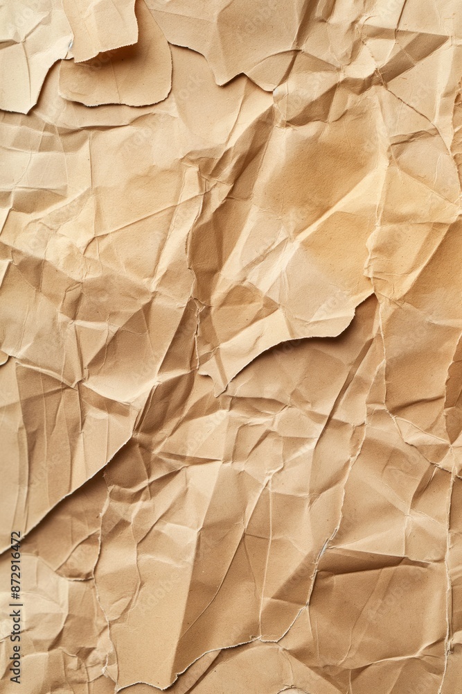 Poster brown paper crumpled texture close-up. worn out cardboard surface with creases and wrinkles. slightl