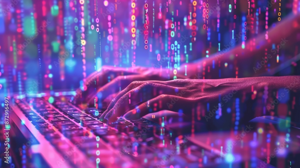 Poster Hands typing on a keyboard with binary code overlay