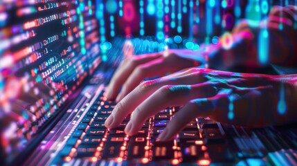 Hands typing on a keyboard with binary code overlay