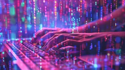 Hands typing on a keyboard with binary code overlay