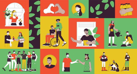 Volunteer community diverse bento grid illustration set. We culture mindset 2D vector image collage design graphics collection. Supportive inclusive people adults flat characters moodboard layout