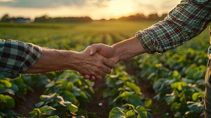 Farmers in a soy field shaking hands to finalize a deal