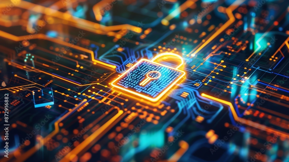 Poster Lock icon on a digital interface representing internet security