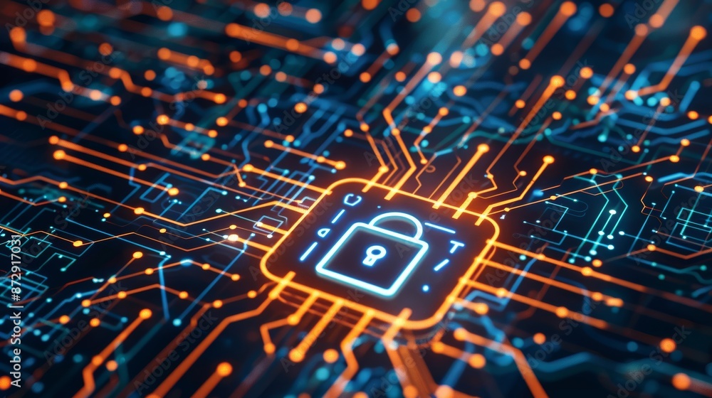 Poster Lock icon on a digital interface representing internet security