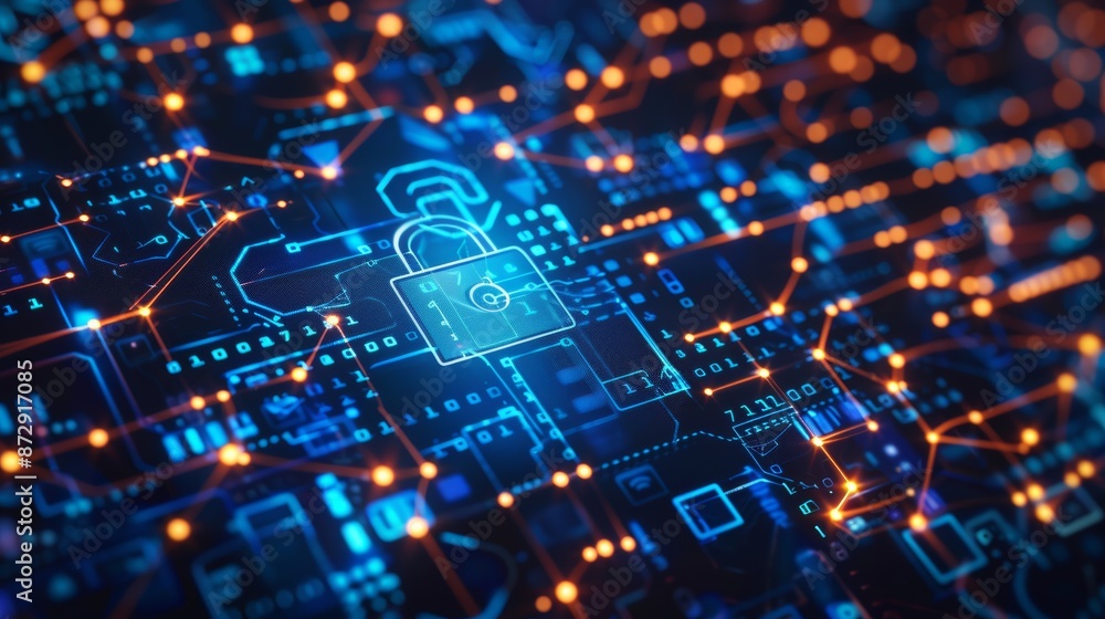 Poster Lock icon on a digital interface representing internet security