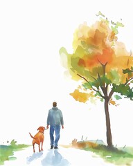 A watercolor painting of a man walking his dog on a path beside a colorful autumn tree, evoking a sense of peace and companionship.