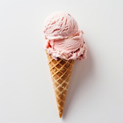 A white background showcases two scoops of delicious strawberry ice cream in a crispy waffle cone