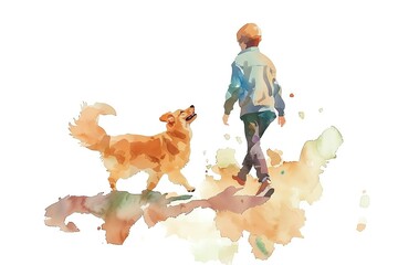 Beautiful watercolor illustration of a boy walking with a dog. Perfect for themes of friendship, pets, and outdoor activities.