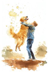 Watercolor painting of a joyful man lifting his golden retriever dog, capturing a moment of love and happiness in a spontaneous outdoor scene.