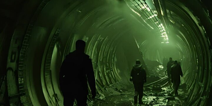 Crew in a vast tunnel eerie green light casts shadows