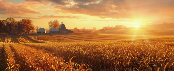 Golden Cornfield Sunrise Over Rural Farmhouse