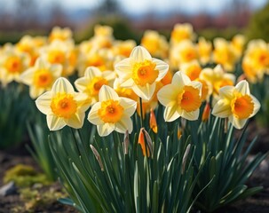 Obraz premium Beautiful Spring Daffodil Narcissus Flowers macro photo closeup, green background, Floral header
