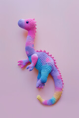 Fototapeta premium Whimsical Crocheted Dinosaur on Pastel Background - Handmade Amigurumi Dino Plushie Craft, Colorful Knit Toy, DIY Jurassic Prehistoric Creature Fiber Art Decor