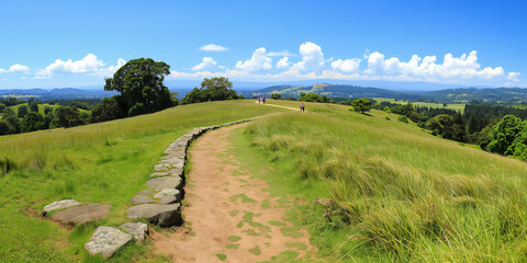 Scenic Pathway Through Lush Green Hills with Hikers on a Clear Day Under a Vibrant Blue Sky