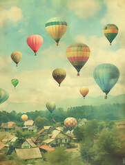 Obraz premium Vibrant Balloons Over Peaceful Village: Whimsical and Softly Illustrated Scene